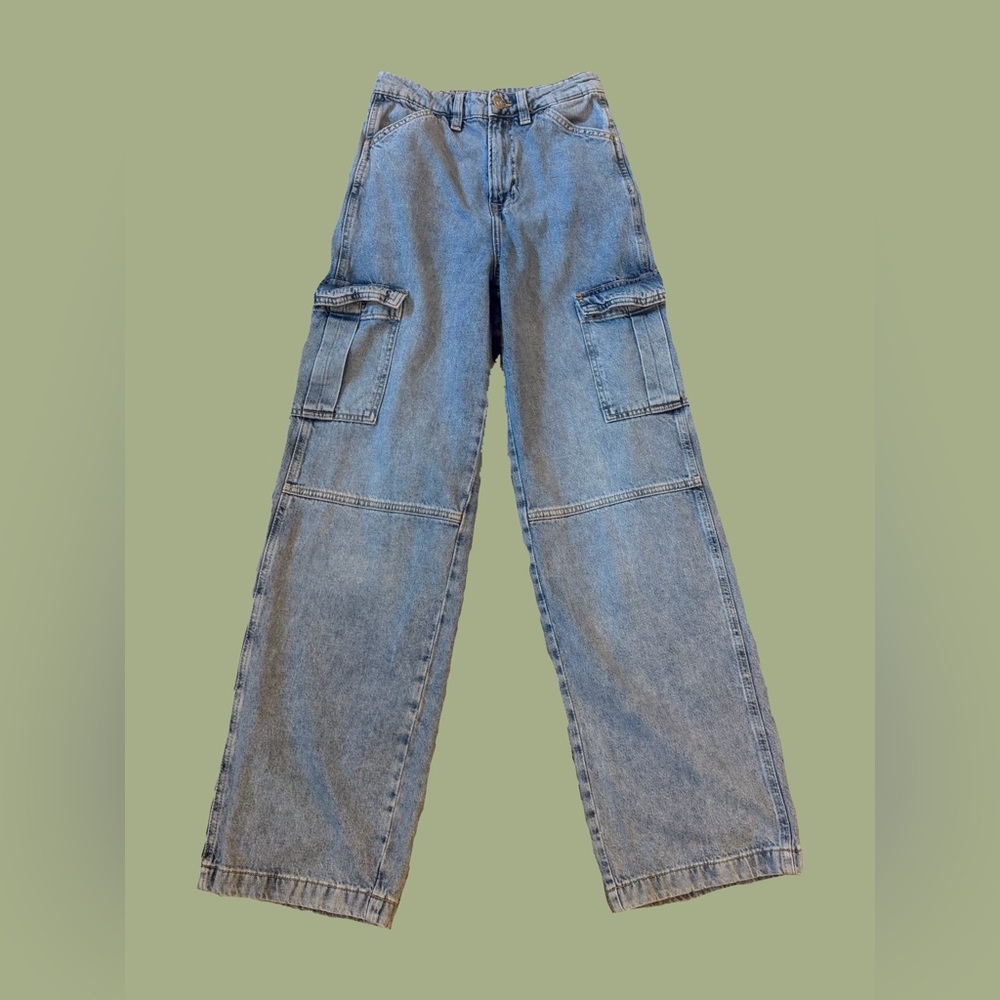 H&M Light Blue High-Rise Wide Leg Cargo Jeans
